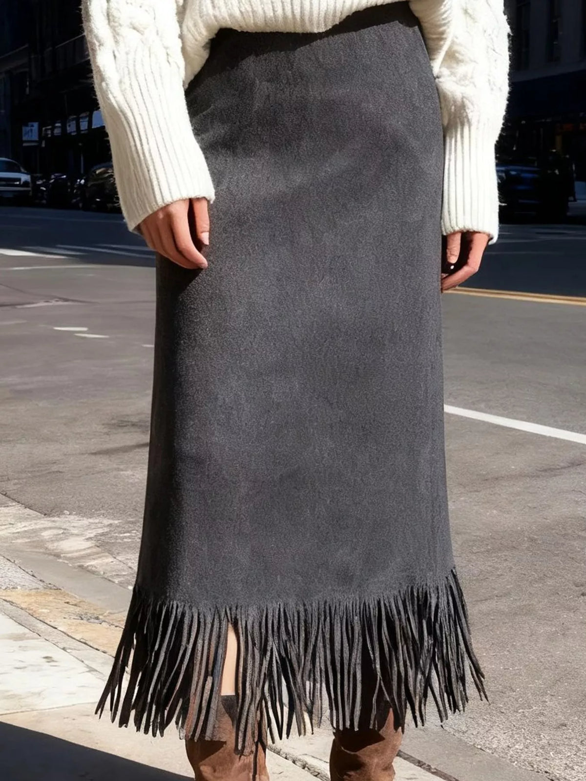 High-Waisted Fringe Midi Skirt