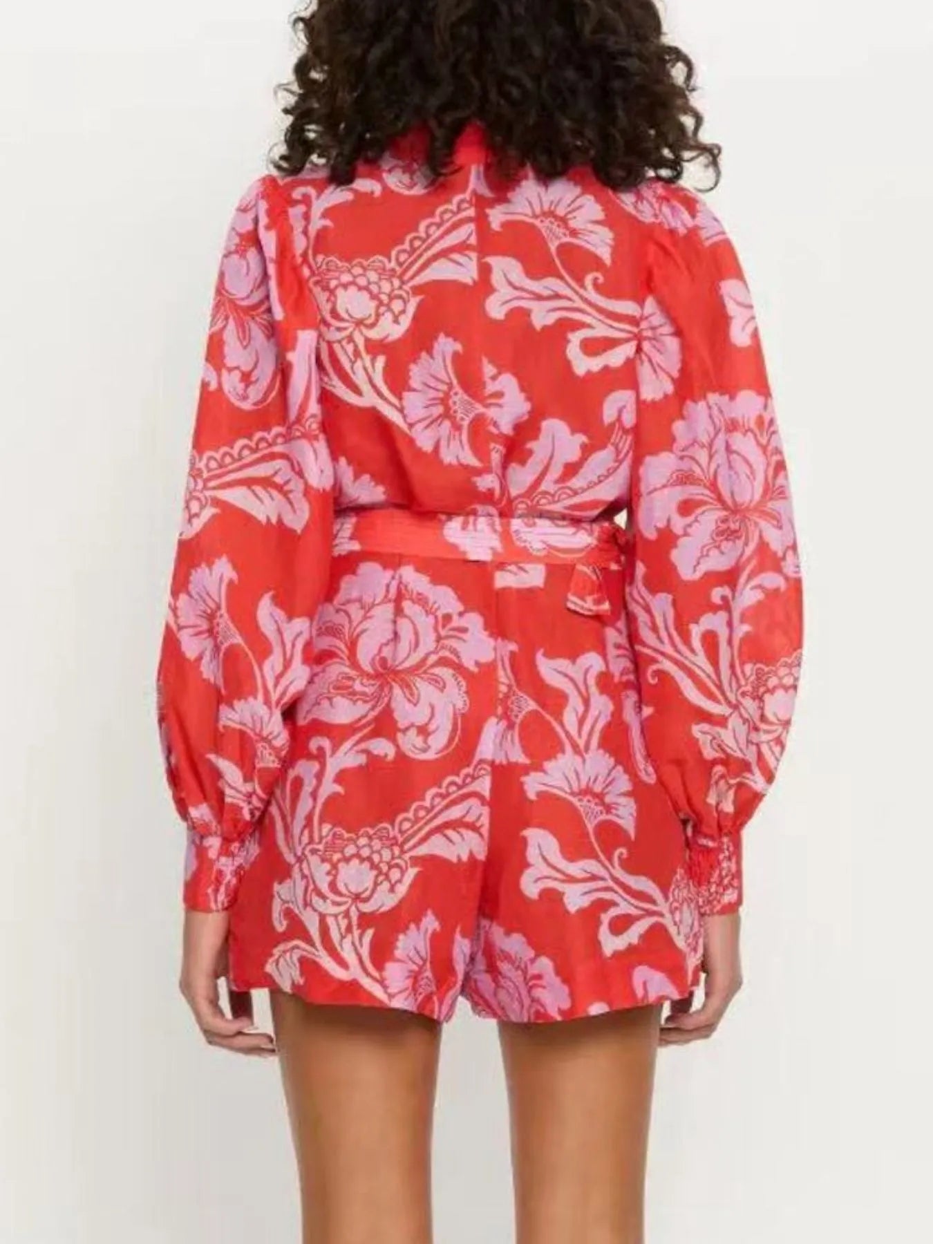 Printed Long Sleeve Belted Romper in Red