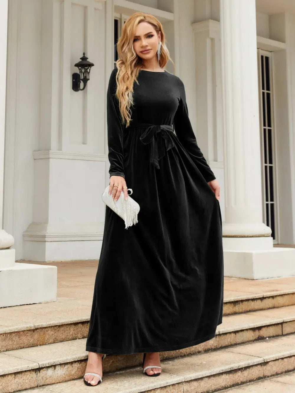 Tie-Front Round-Neck Long-Sleeve Maxi Dress