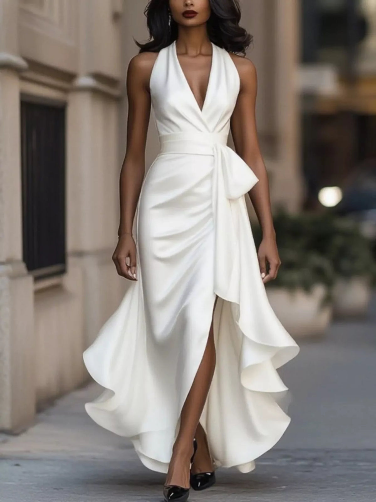 High-Low Ruffled Satin Maxi Dress