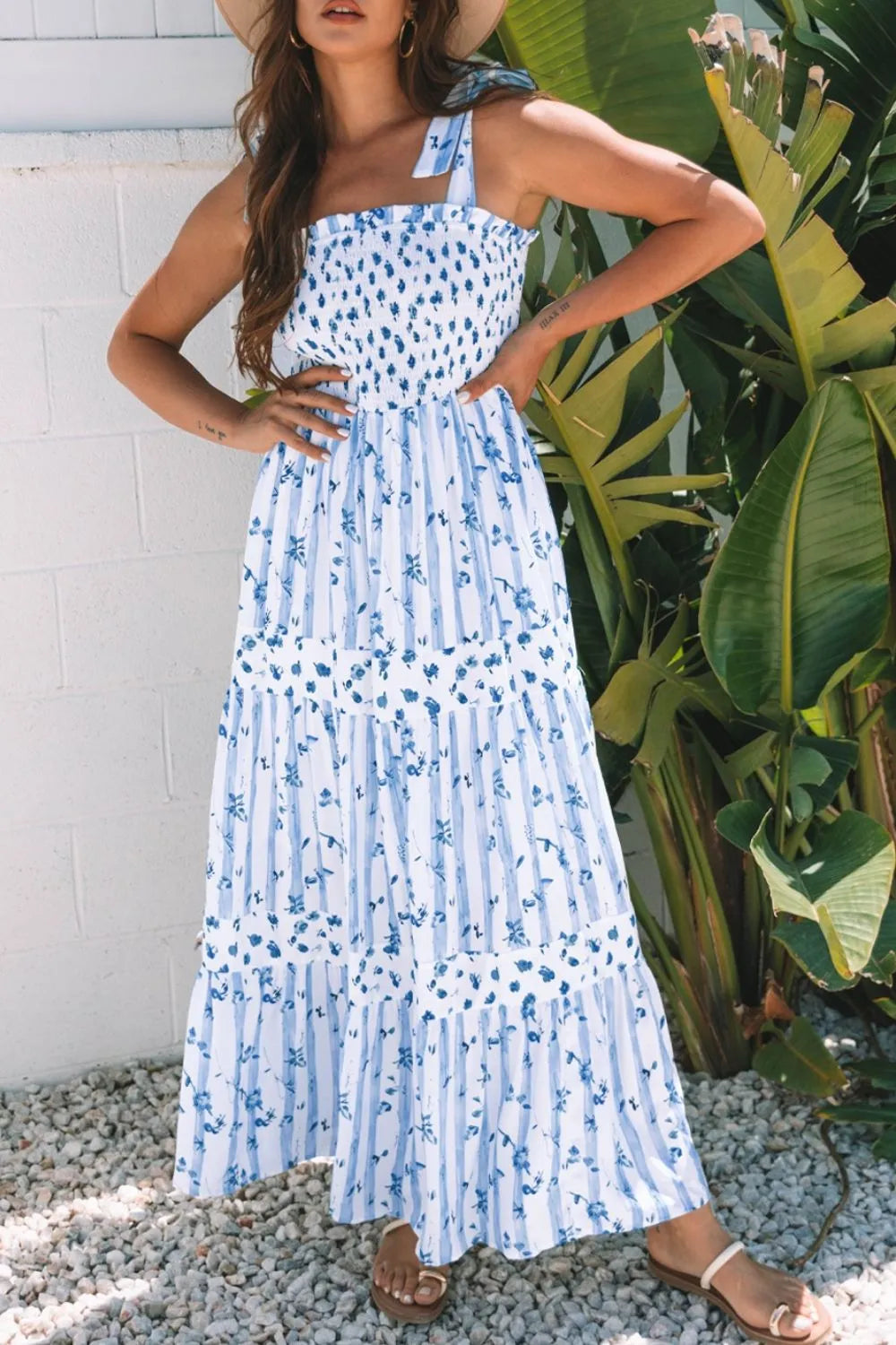 Floral Smocked Tiered Dress in Light Blue