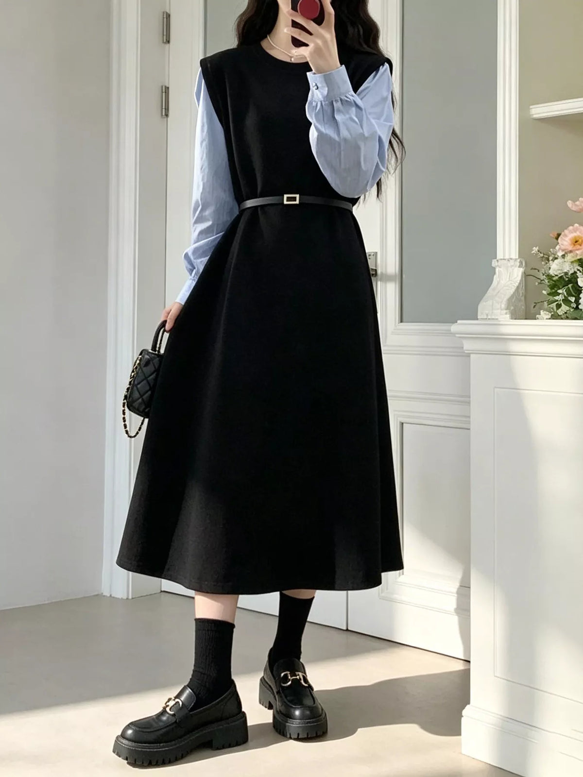 Contrast Sleeve A-Line Dress with Belt in Black