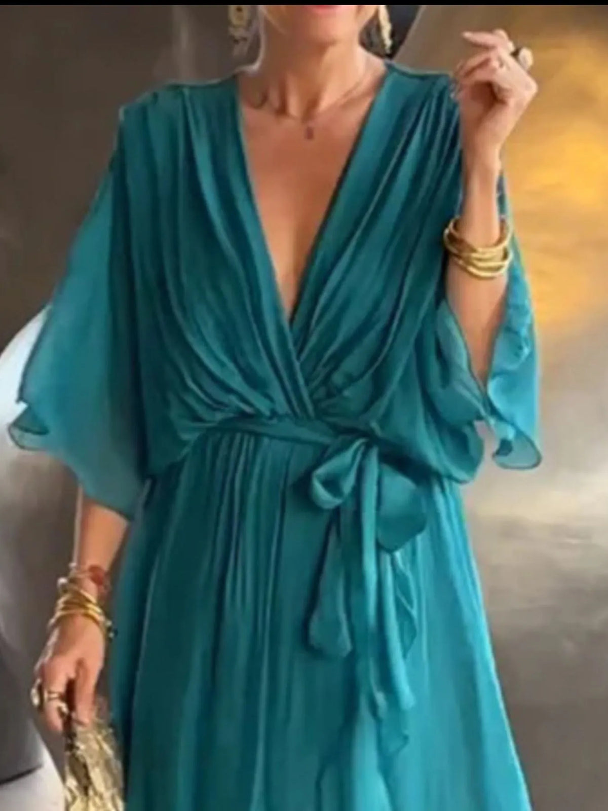 Flowy Tie-Front Midi Dress with Flutter Sleeves