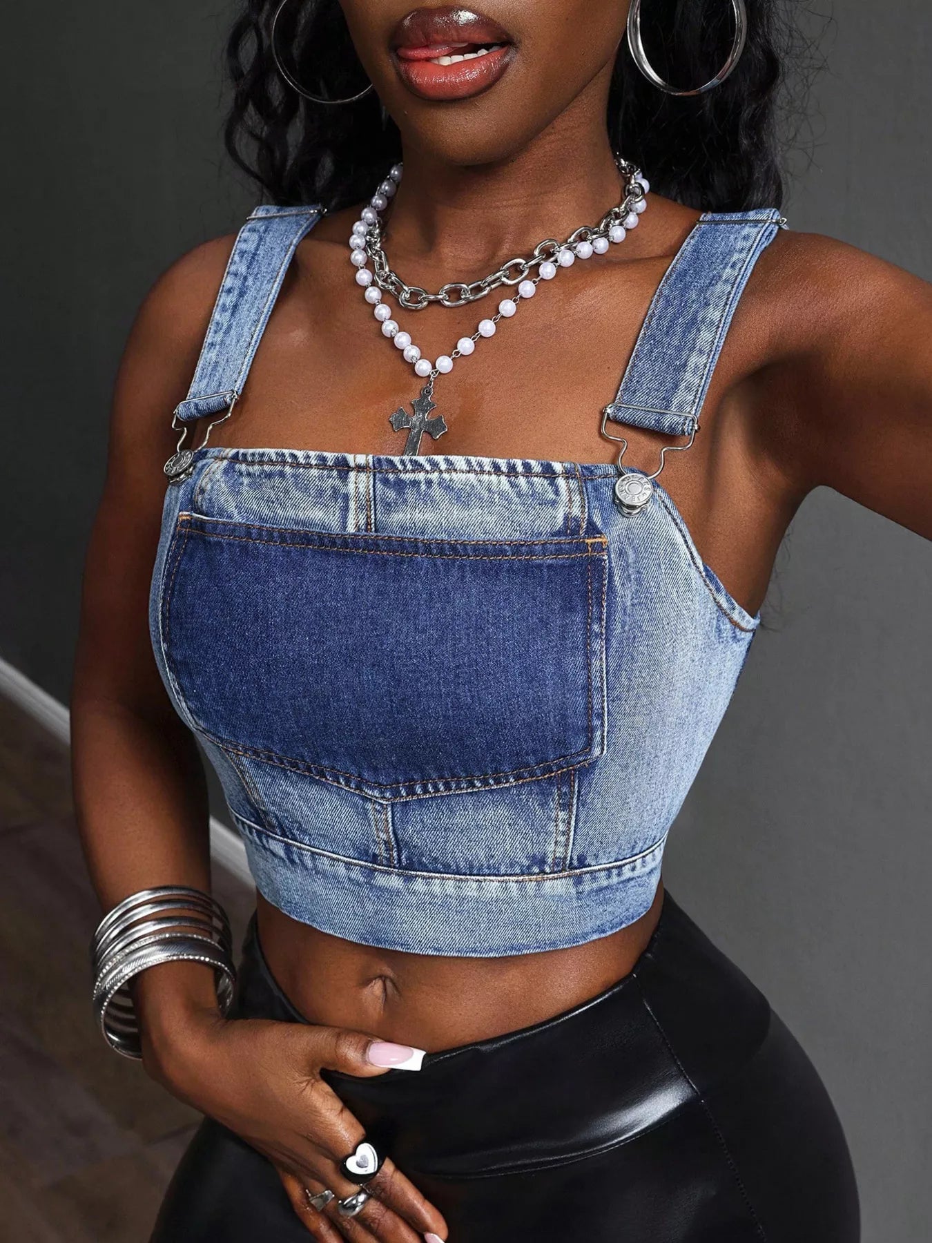 Cropped Denim Top with Adjustable Straps in Blue