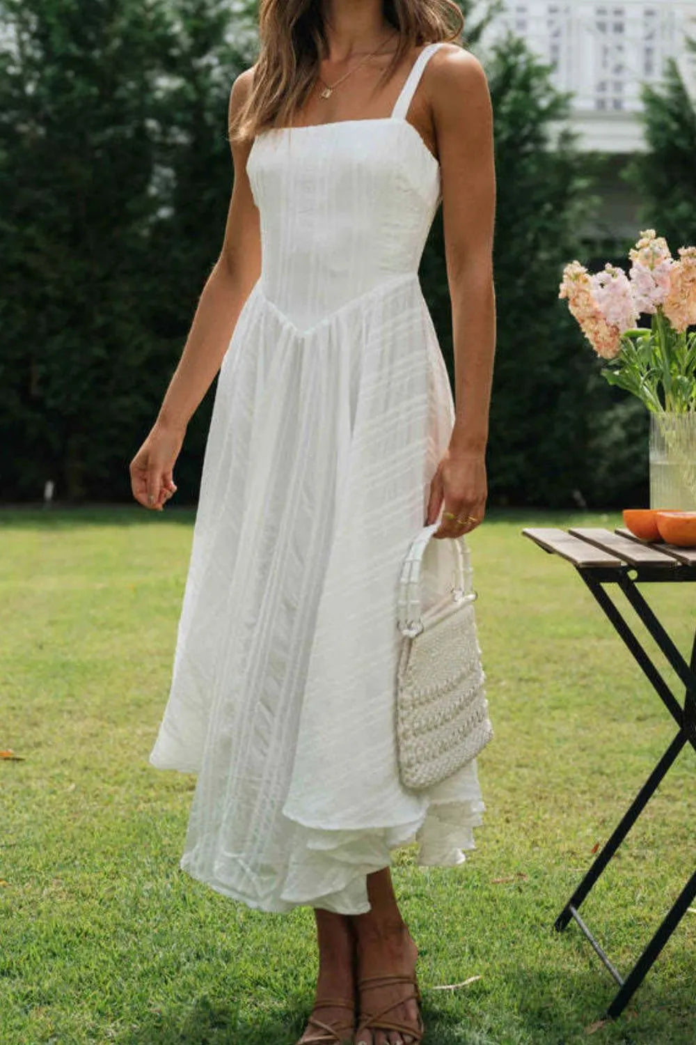 Square Neck Midi Cami Dress in White