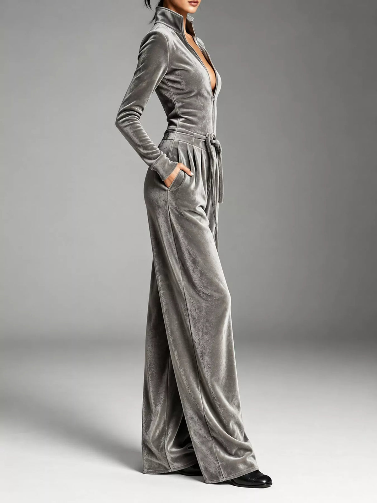 Velvet Zip-Up Jumpsuit with Tie Waist