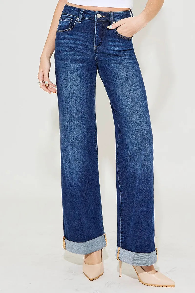 Risen High Rise Wide Leg Cuffed Jeans in Dark Wash