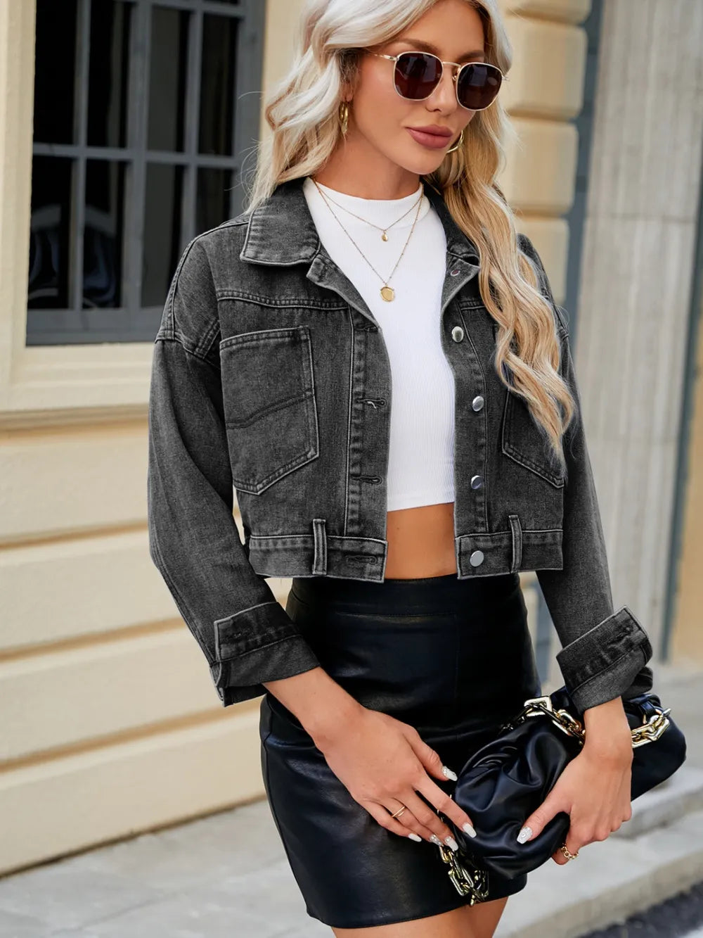 Button-Front Denim Jacket with Dropped Shoulders by Manny