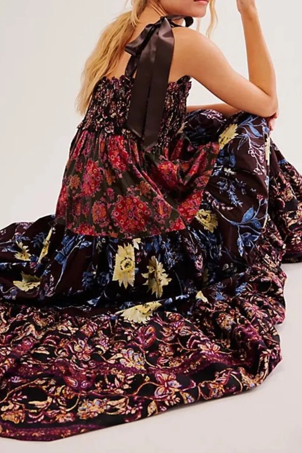 Floral Tiered Maxi Dress with Mixed Print