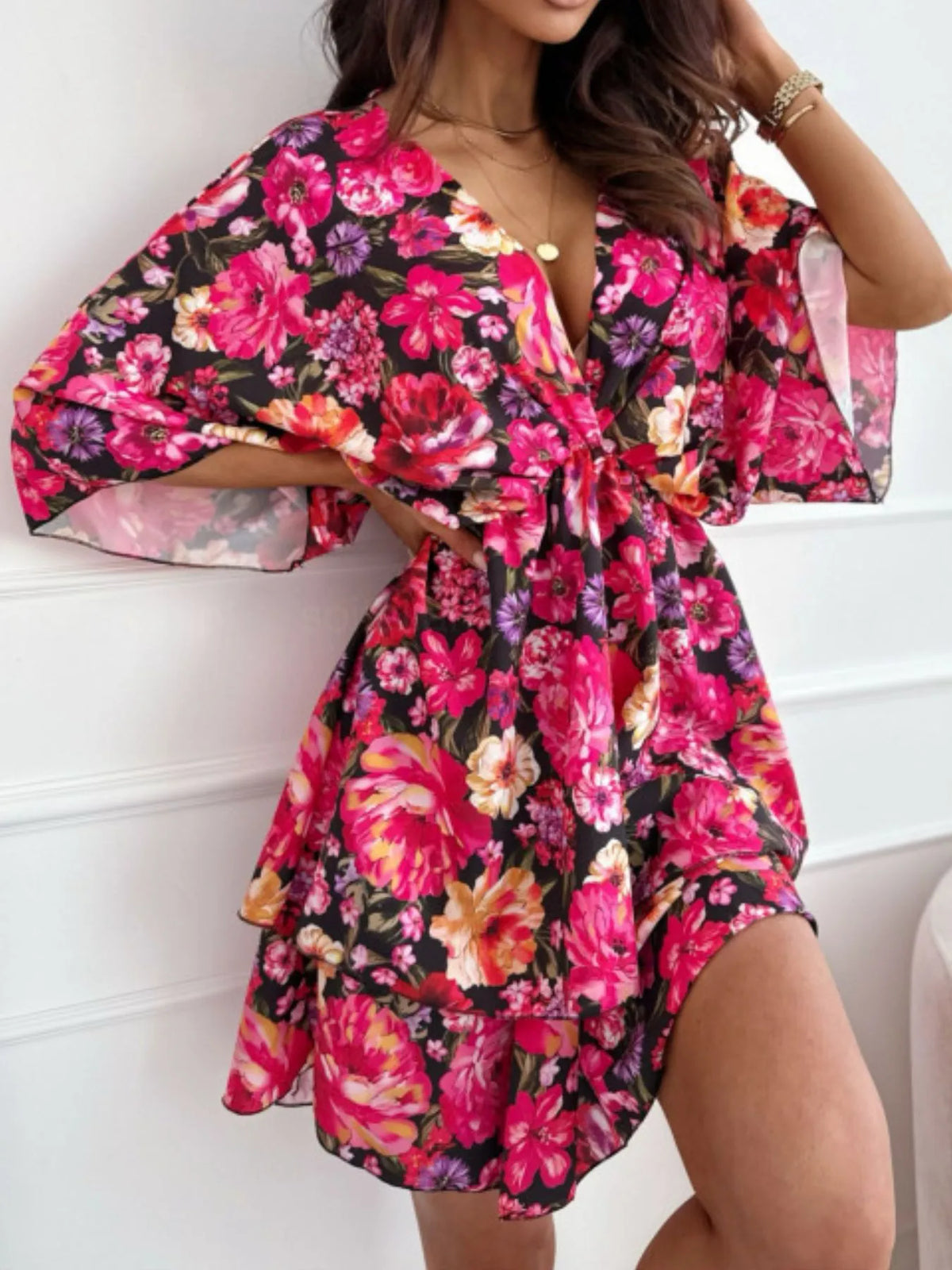 Floral V-Neck Ruffle Mini Dress