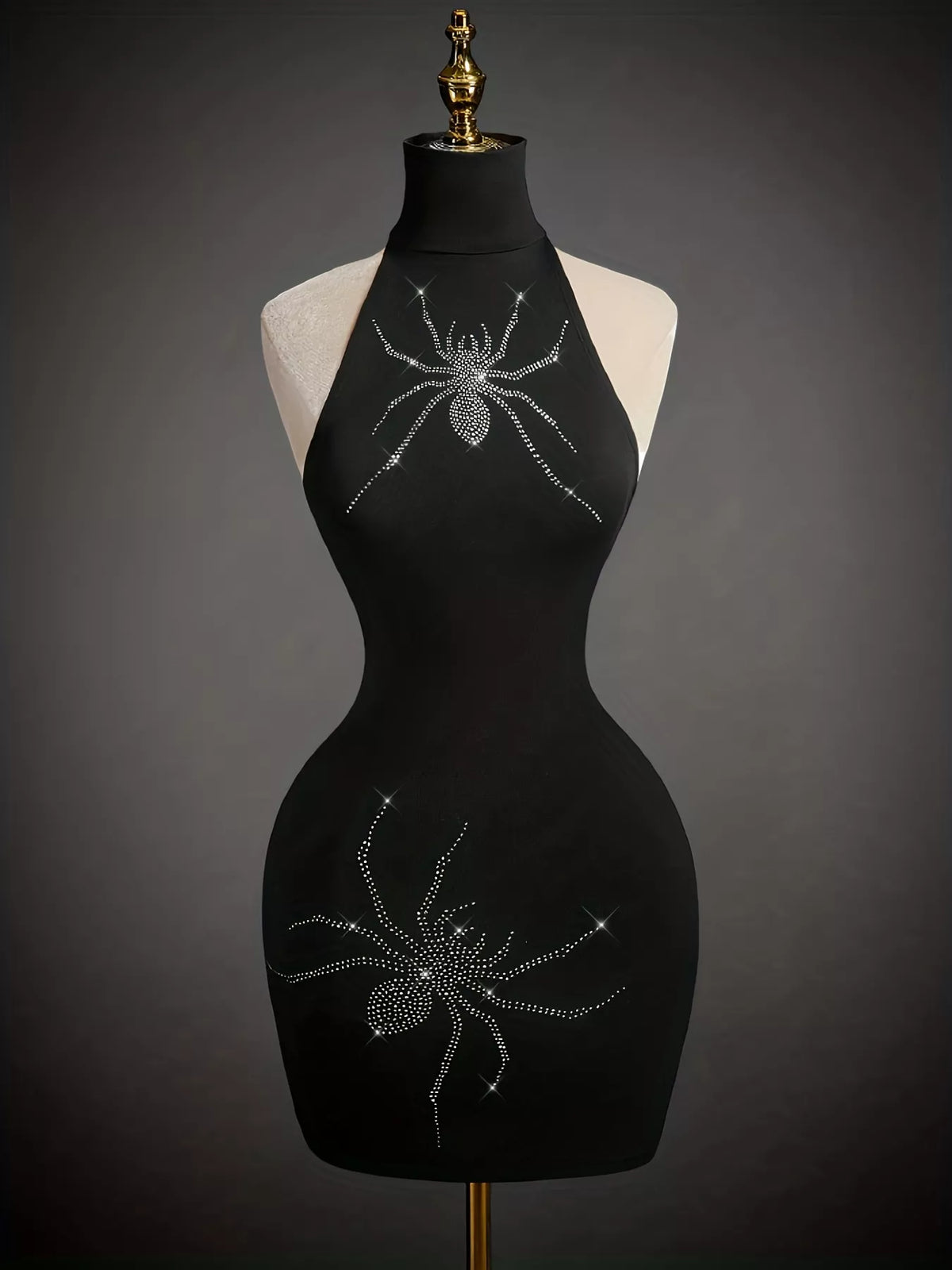 Rhinestone Spider Halter Neck Bodycon Dress in Black
