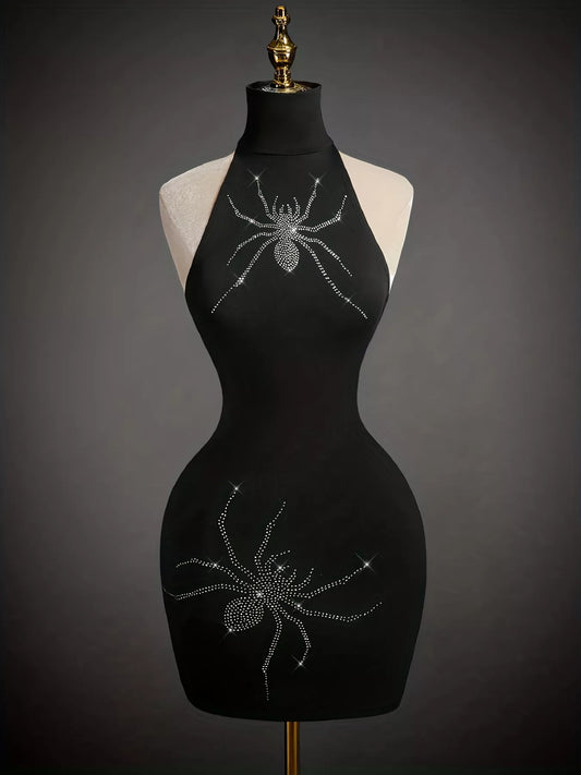 Rhinestone Spider Halter Neck Bodycon Dress in Black