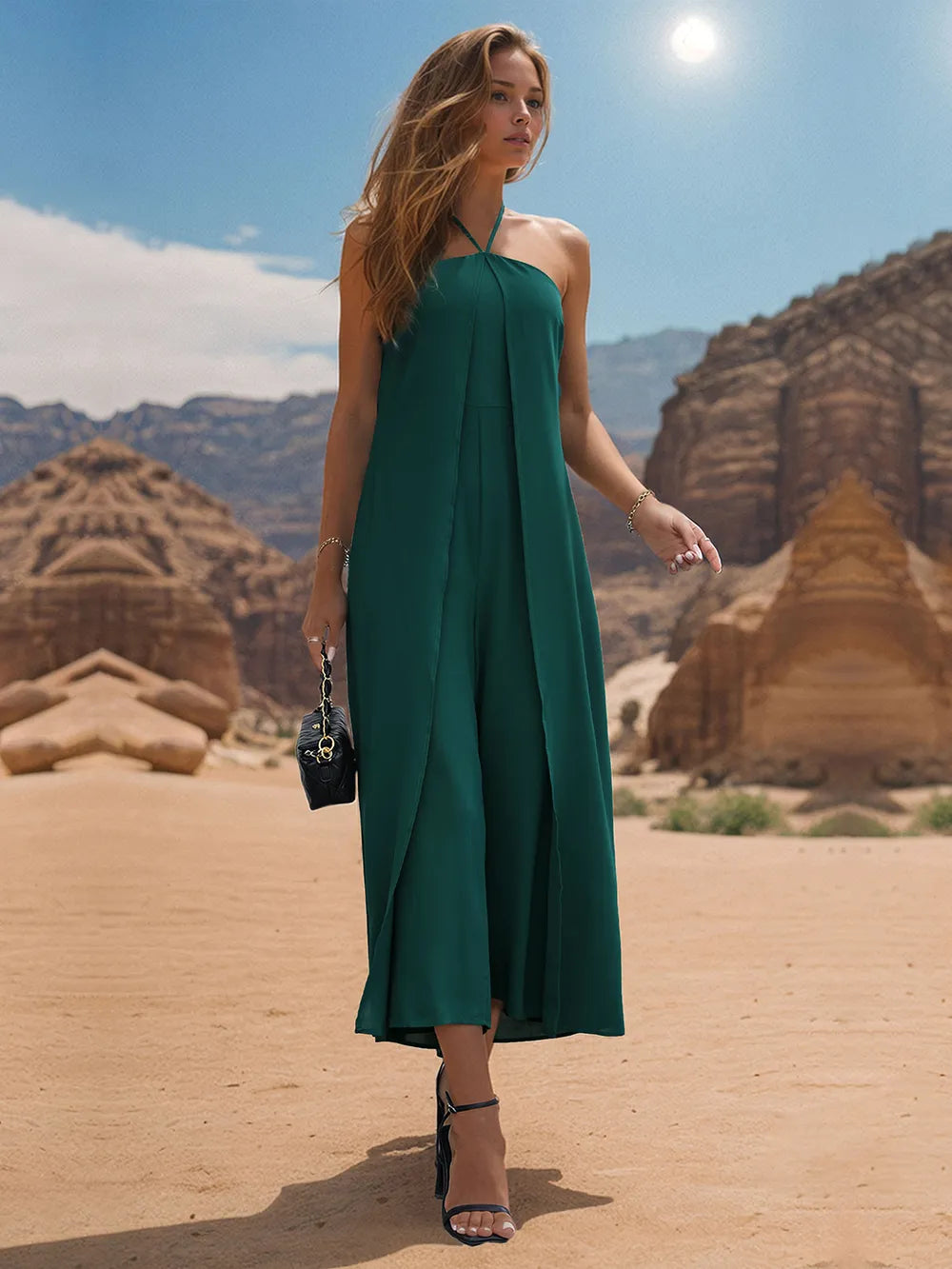 Layered Halter Neck Jumpsuit in Dark Green