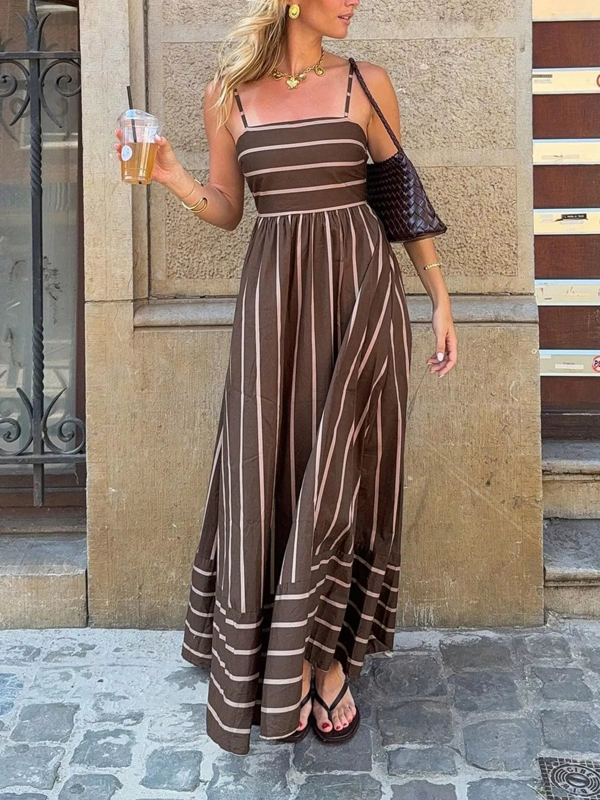 Cutout Back Striped Maxi Dress