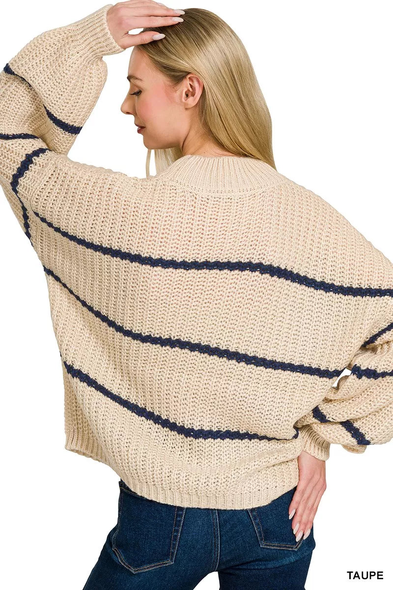 Zenana Oversized Striped Sweater in Taupe