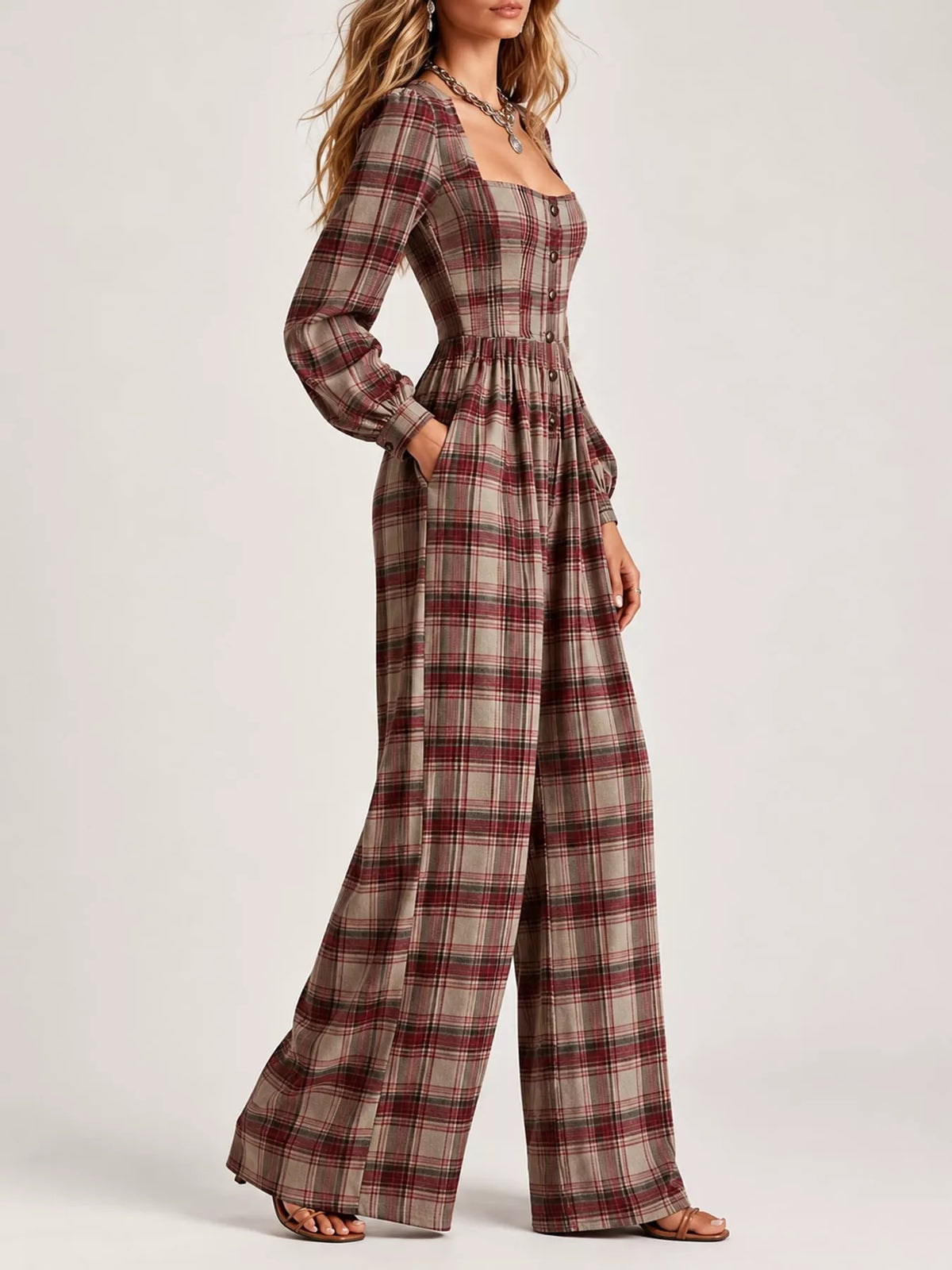 Plaid Square-Neck Wide-Leg Jumpsuit