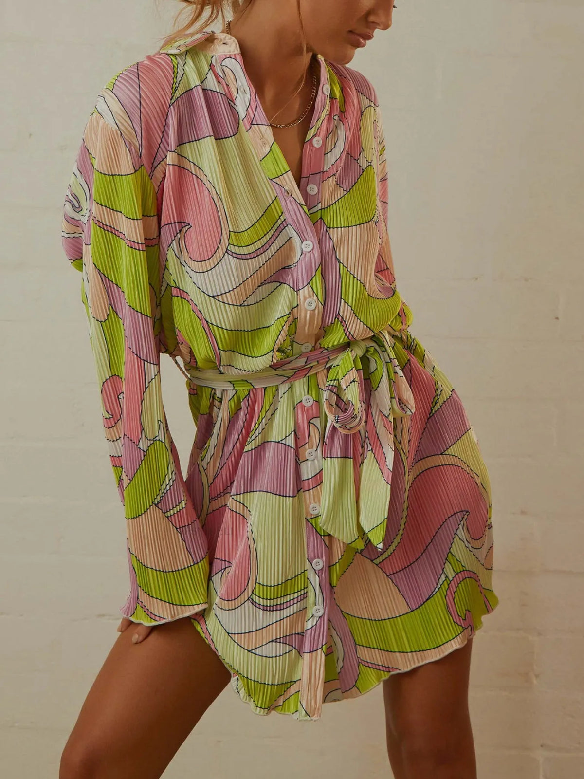 Printed Long-Sleeve Button-Front Mini Dress