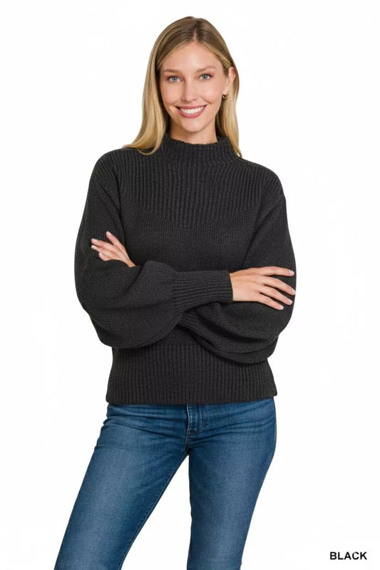 Zenana Balloon Sleeve Mock Neck Sweater in Black