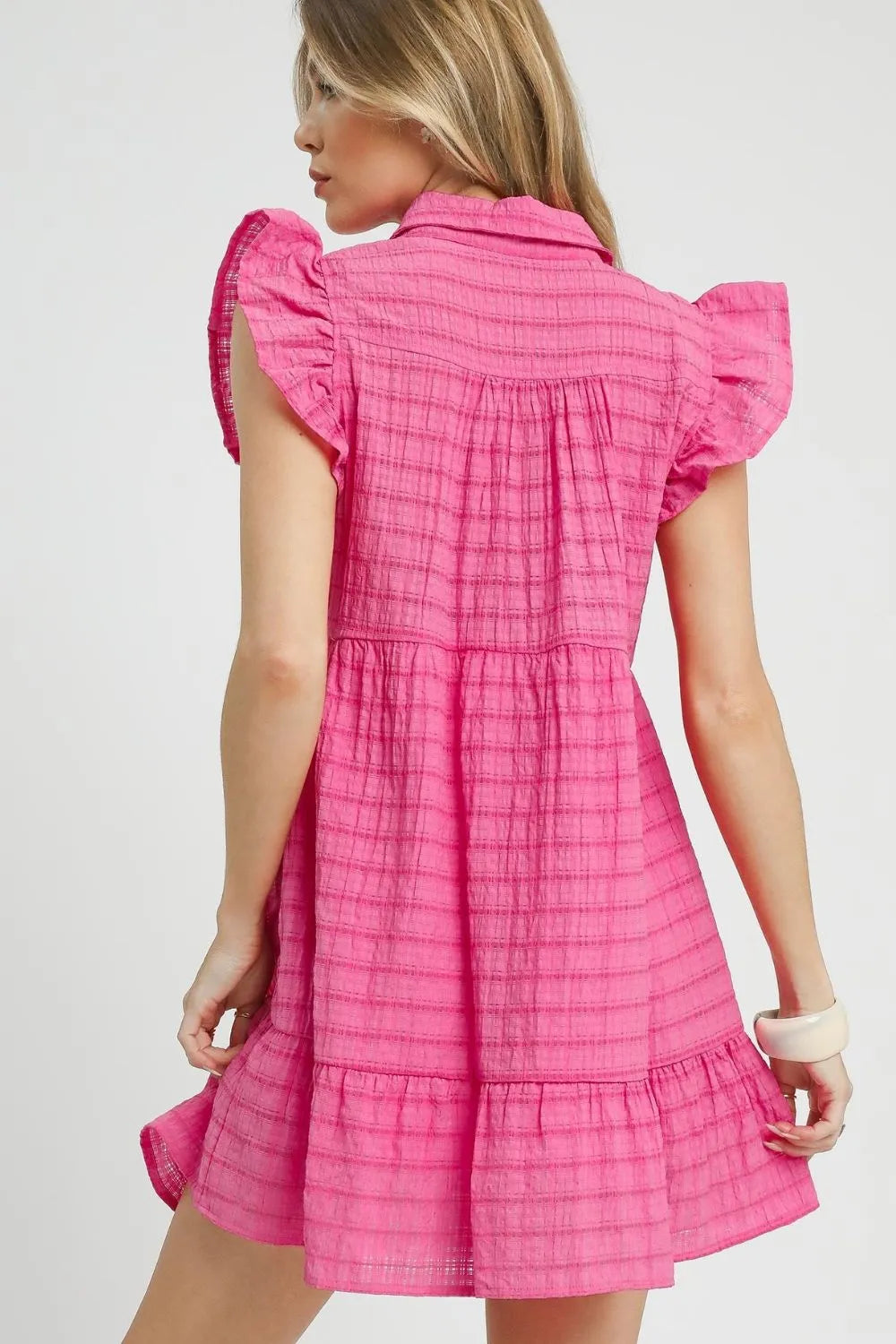Umgee Striped Ruffle Hem Shirt Dress in Hot Pink