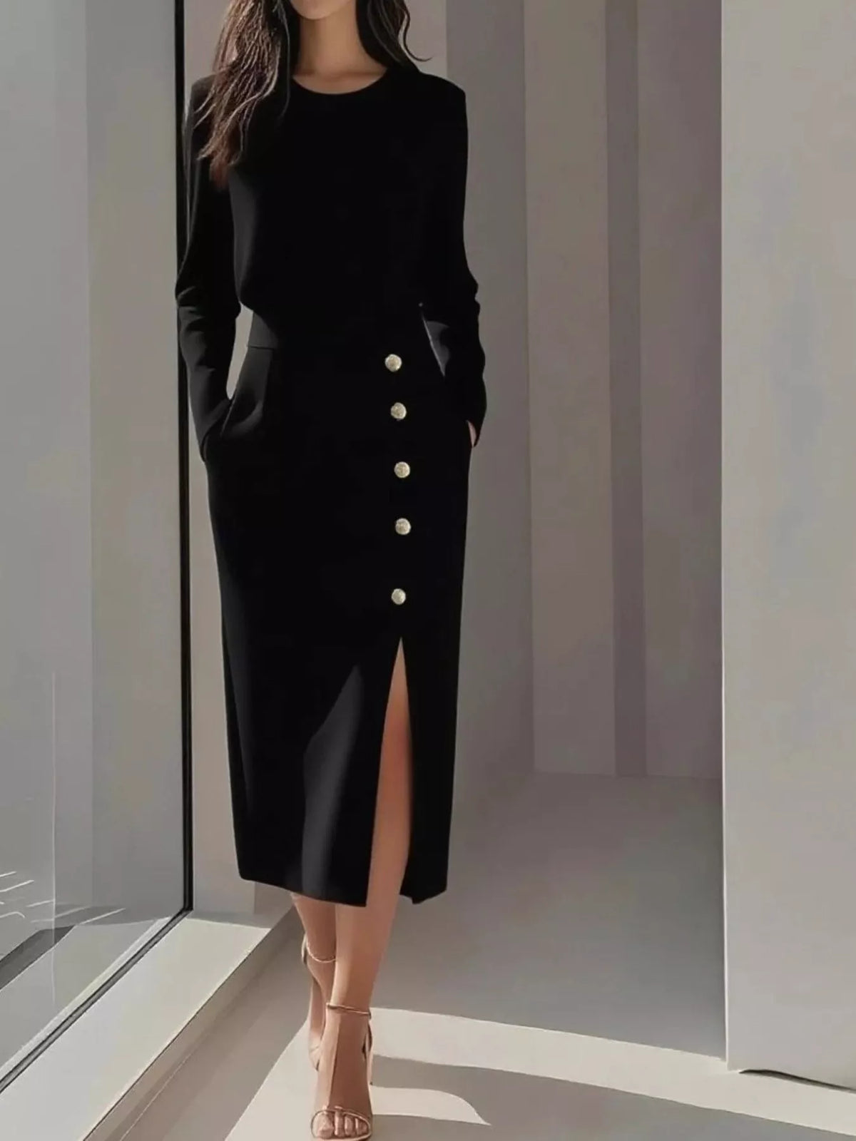 Button Detail Midi Dress with Side Slit