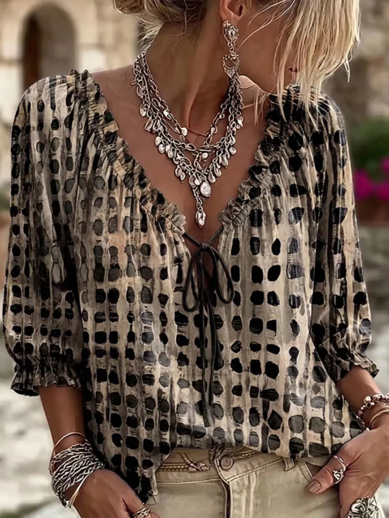 Tie Neck Ruffle Blouse