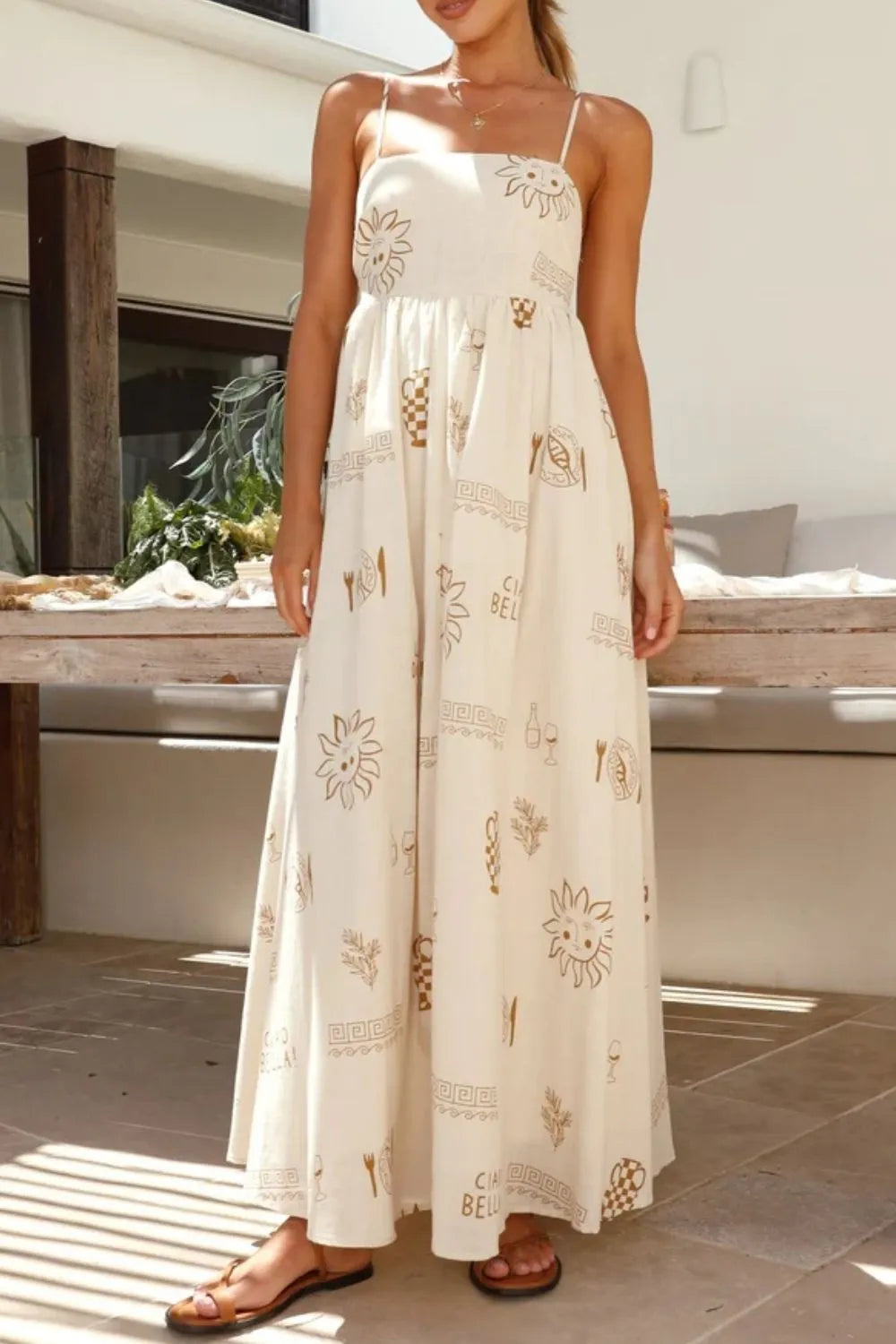 Printed Square Neck Cami Dress in Beige