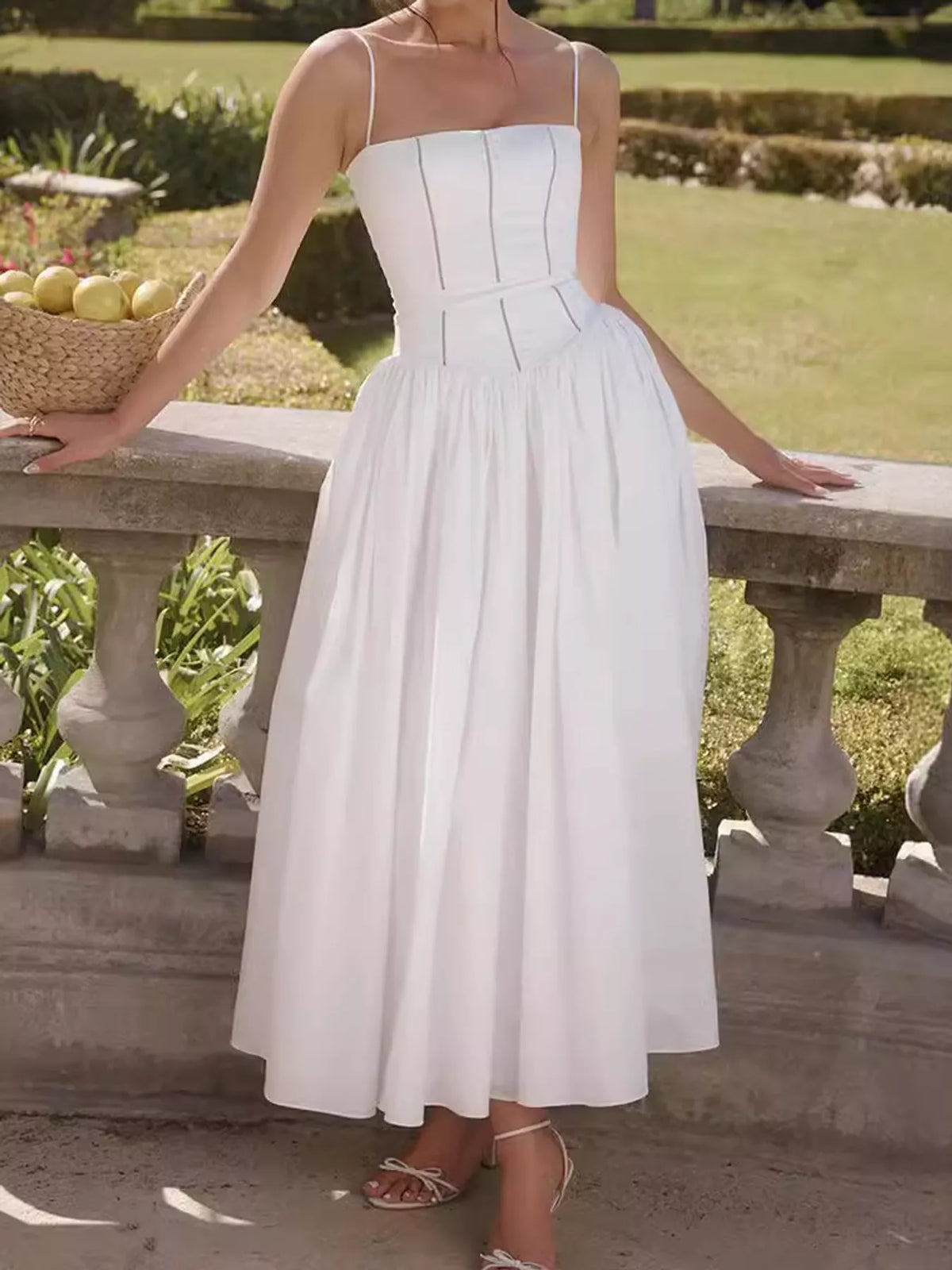 Floral Spaghetti Strap Midi Dress in White