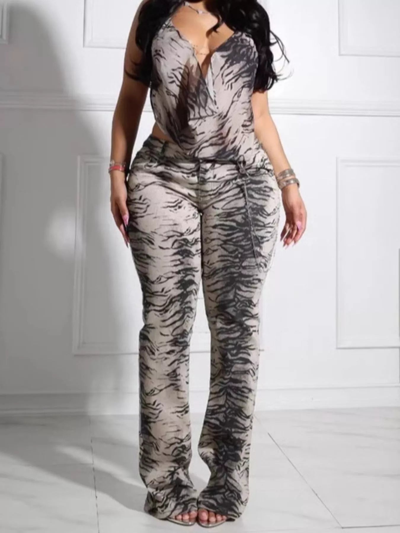 Zebra Print Sleeveless Top and Pants Set