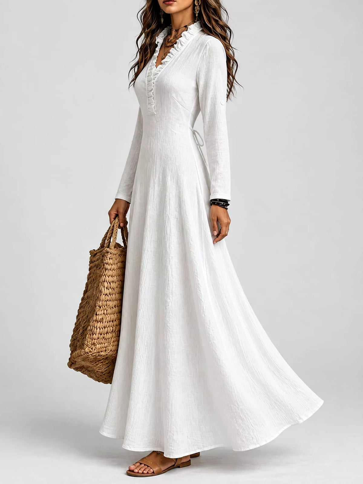 Frill Roll-Up Sleeve Maxi Dress