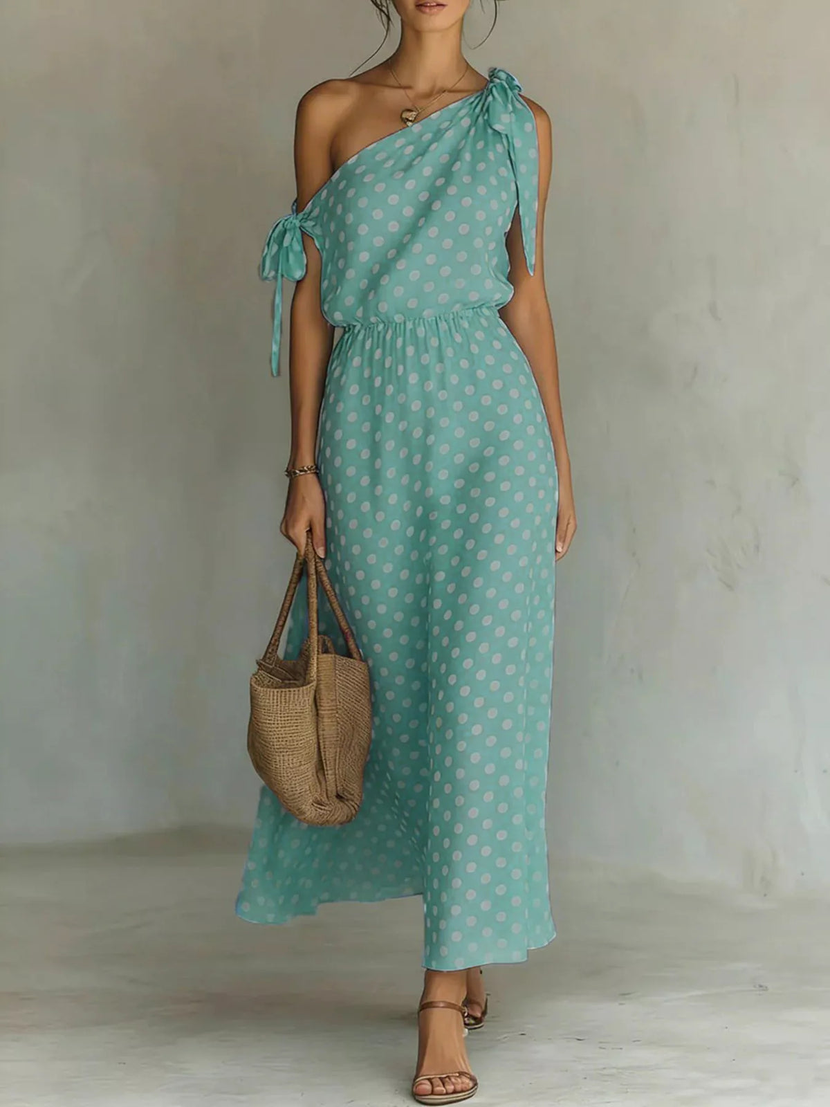 One-Shoulder Polka Dot Maxi Dress