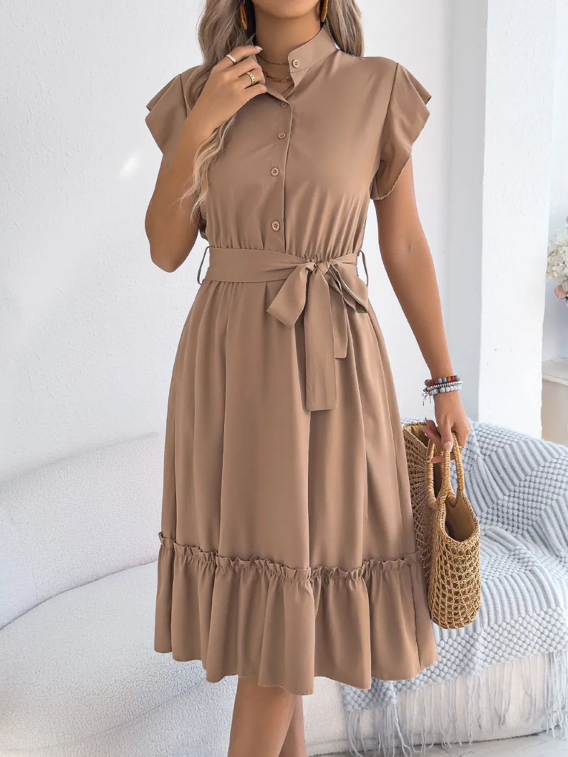 Tie-Waist Ruffled Cap Sleeve Dress