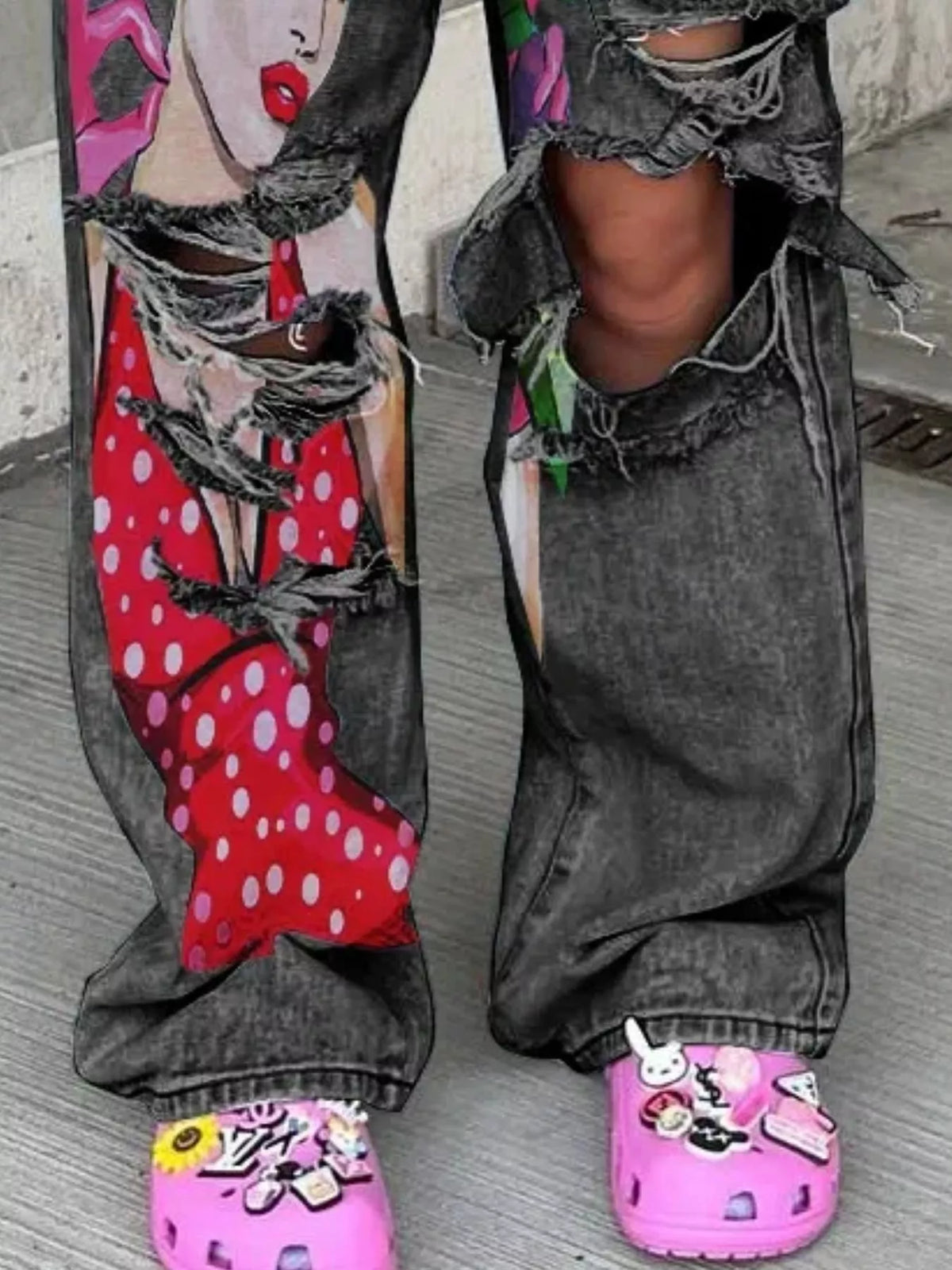 Art Print Distressed Wide Leg Jeans