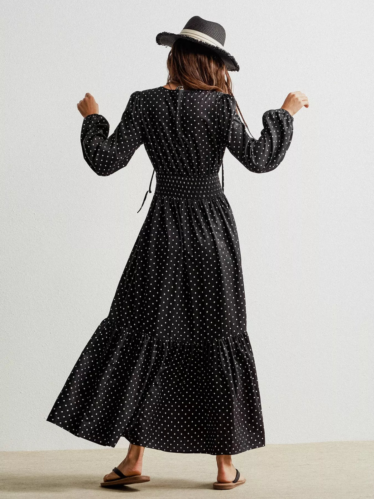 Polka Dot Long Sleeve Maxi Dress in Black