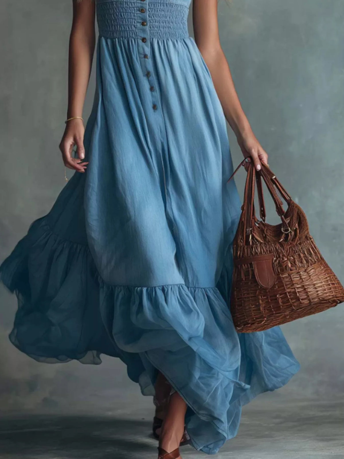 Smocked Button Front Denim Maxi Dress in Sky Blue