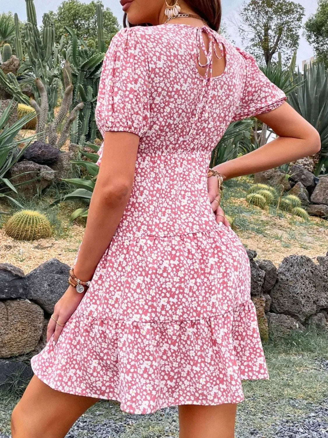 Floral Print Wrap Mini Dress with Puff Sleeves in Blush Pink