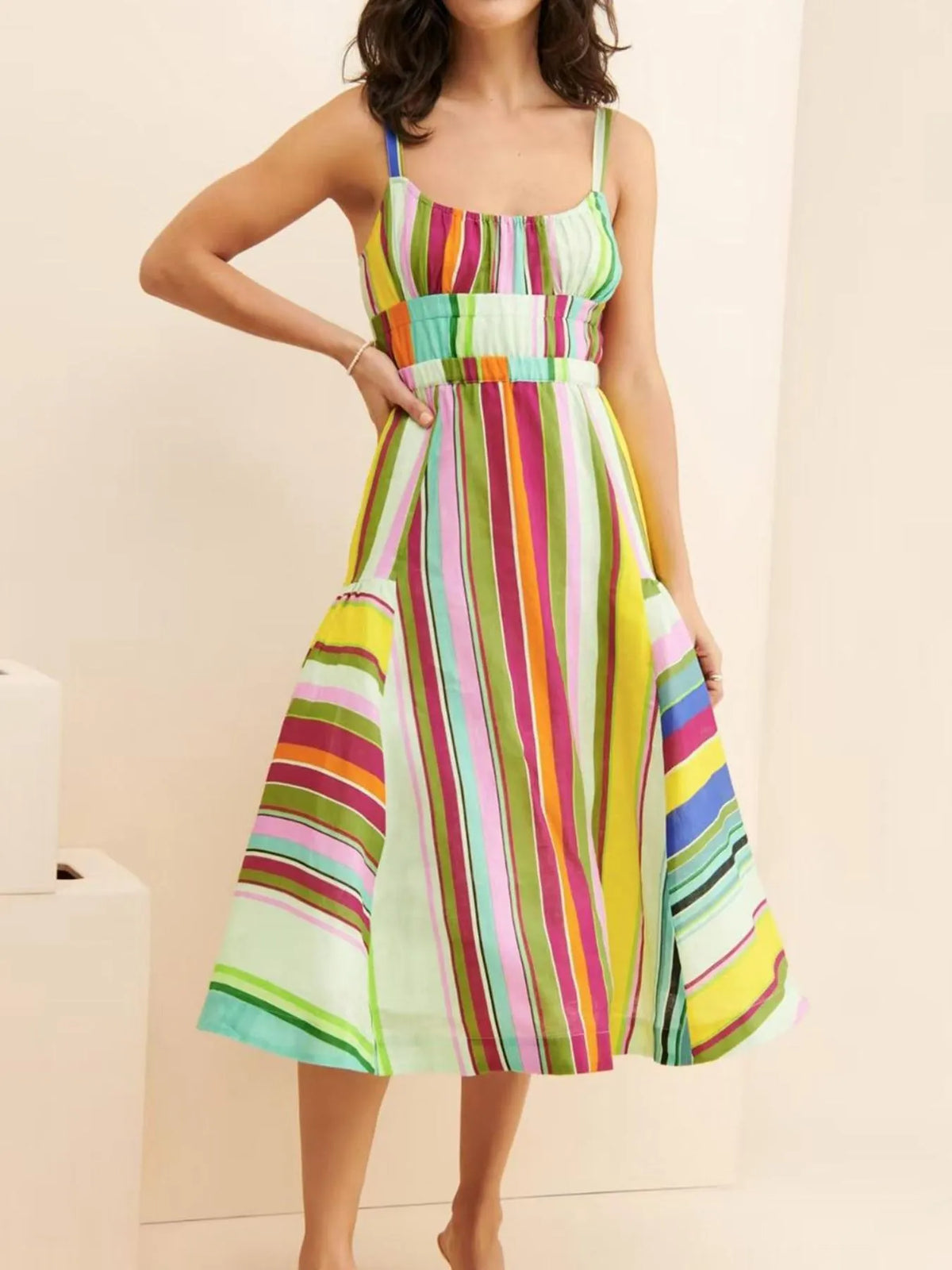 Striped Spaghetti Strap Midi Dress in Yellow