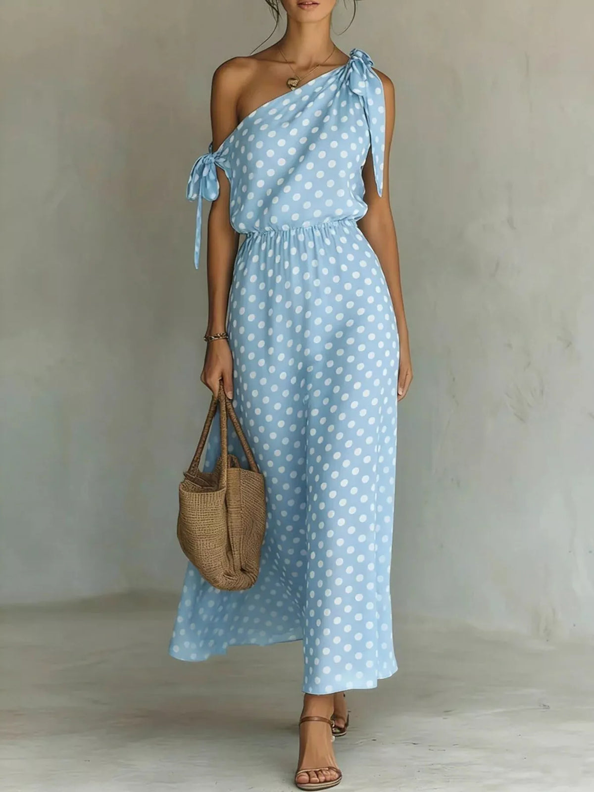 One-Shoulder Polka Dot Maxi Dress