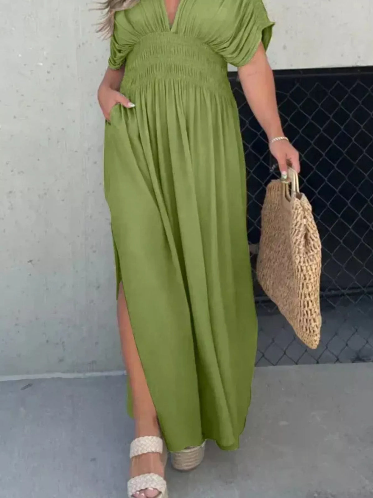 Smocked Waist V-Neck Slit Maxi Dress