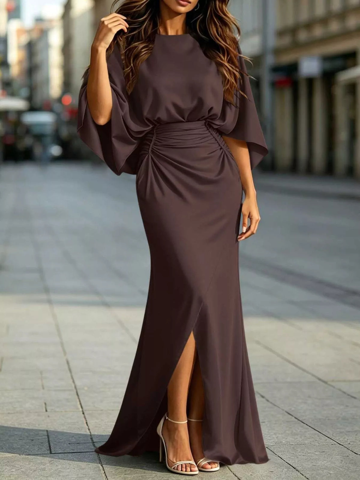 Zip-Back Ruched Waist Maxi Dress