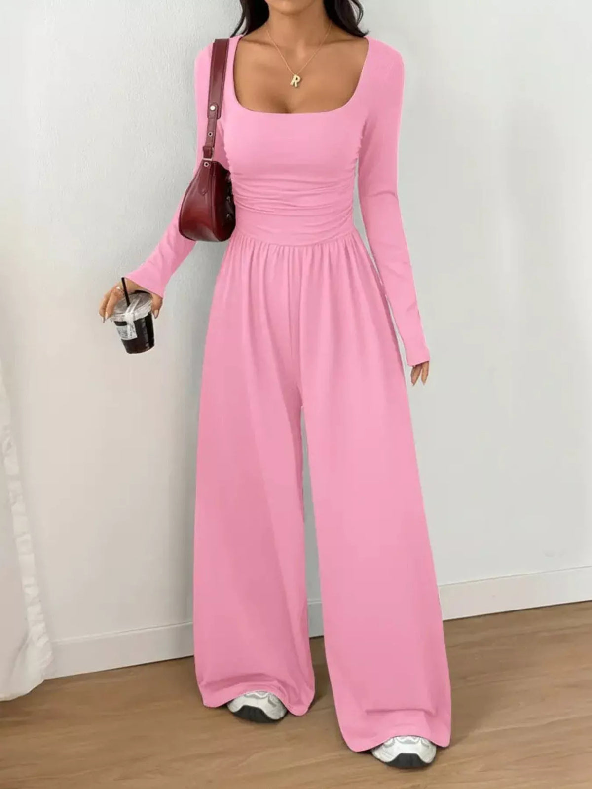 Scoop Neck Ruched Wide Leg Jumpsuit