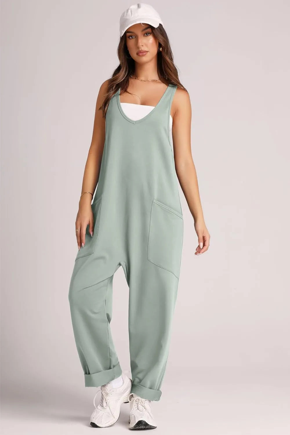V-Neck Wide Strap Overalls with Pockets