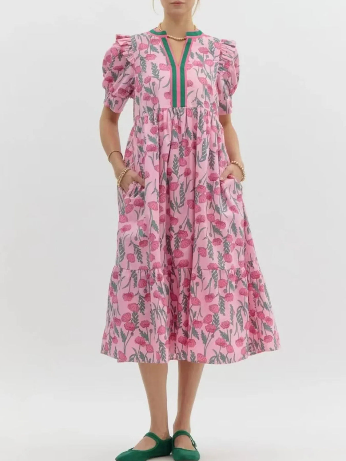 Floral Puff-Sleeve Midi Dress in Pink by Rosaline