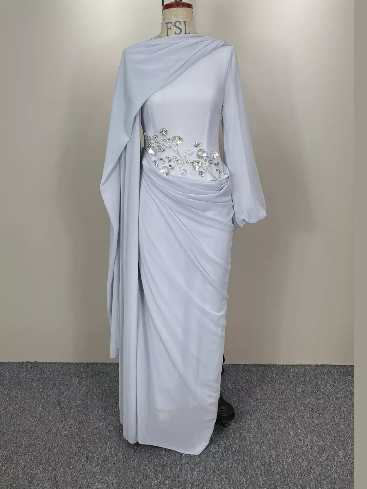 Long-Sleeve Rhinestone Ruched Maxi Evening Dress