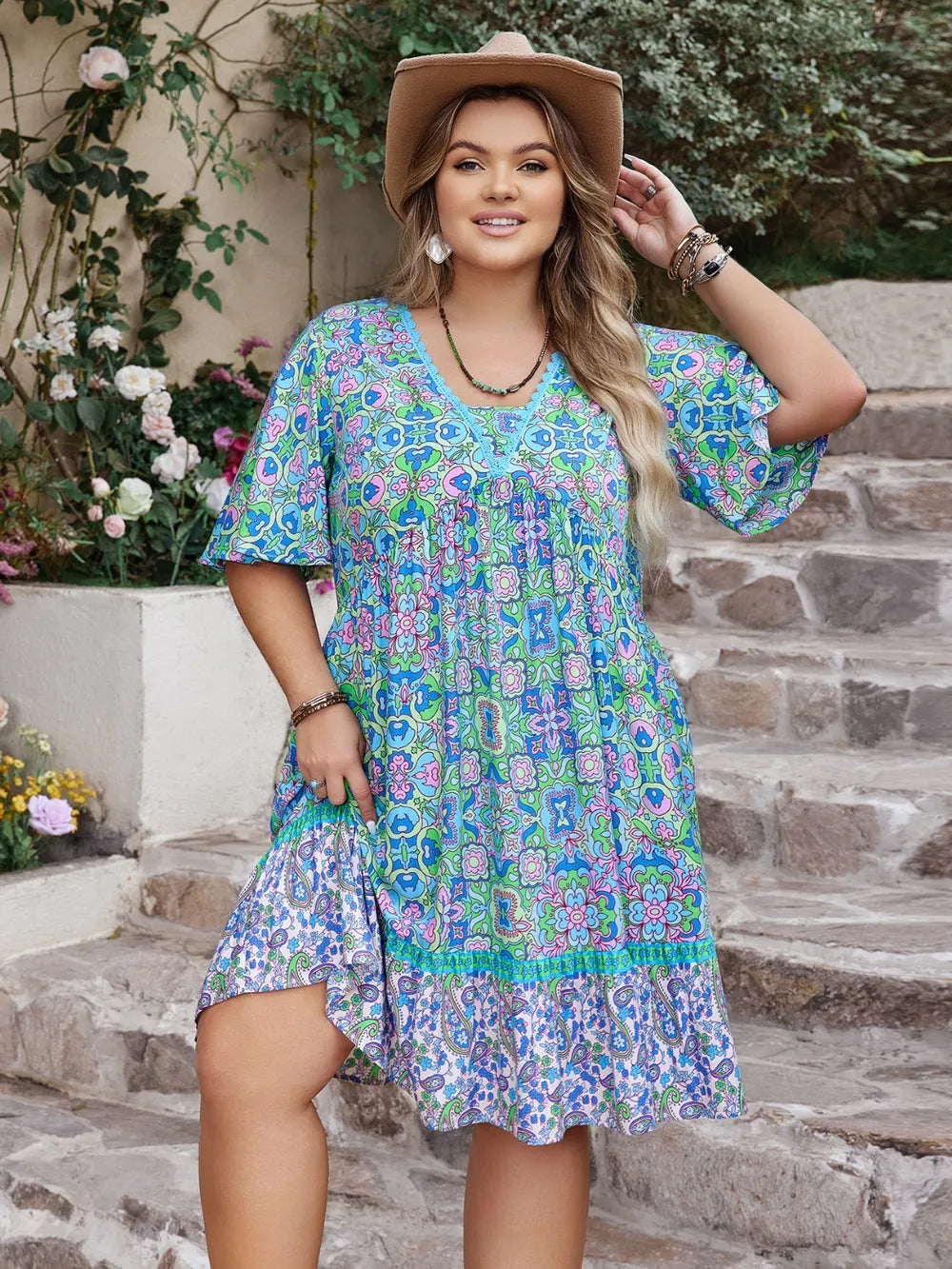 Ruffled Hem Lace Detail Dress in Sky Blue