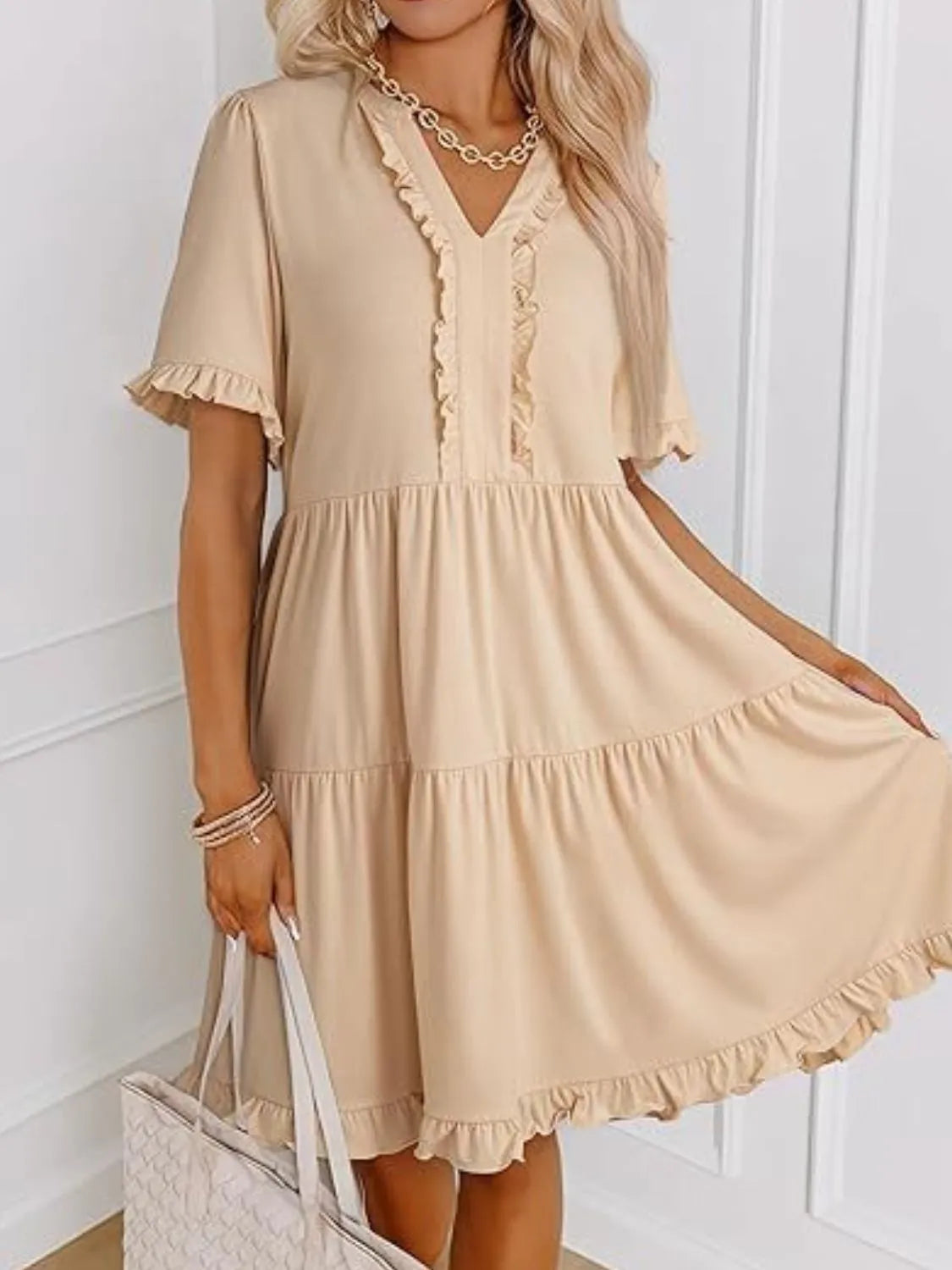 Tiered Notched Short Sleeve Mini Dress by Gen Beauty
