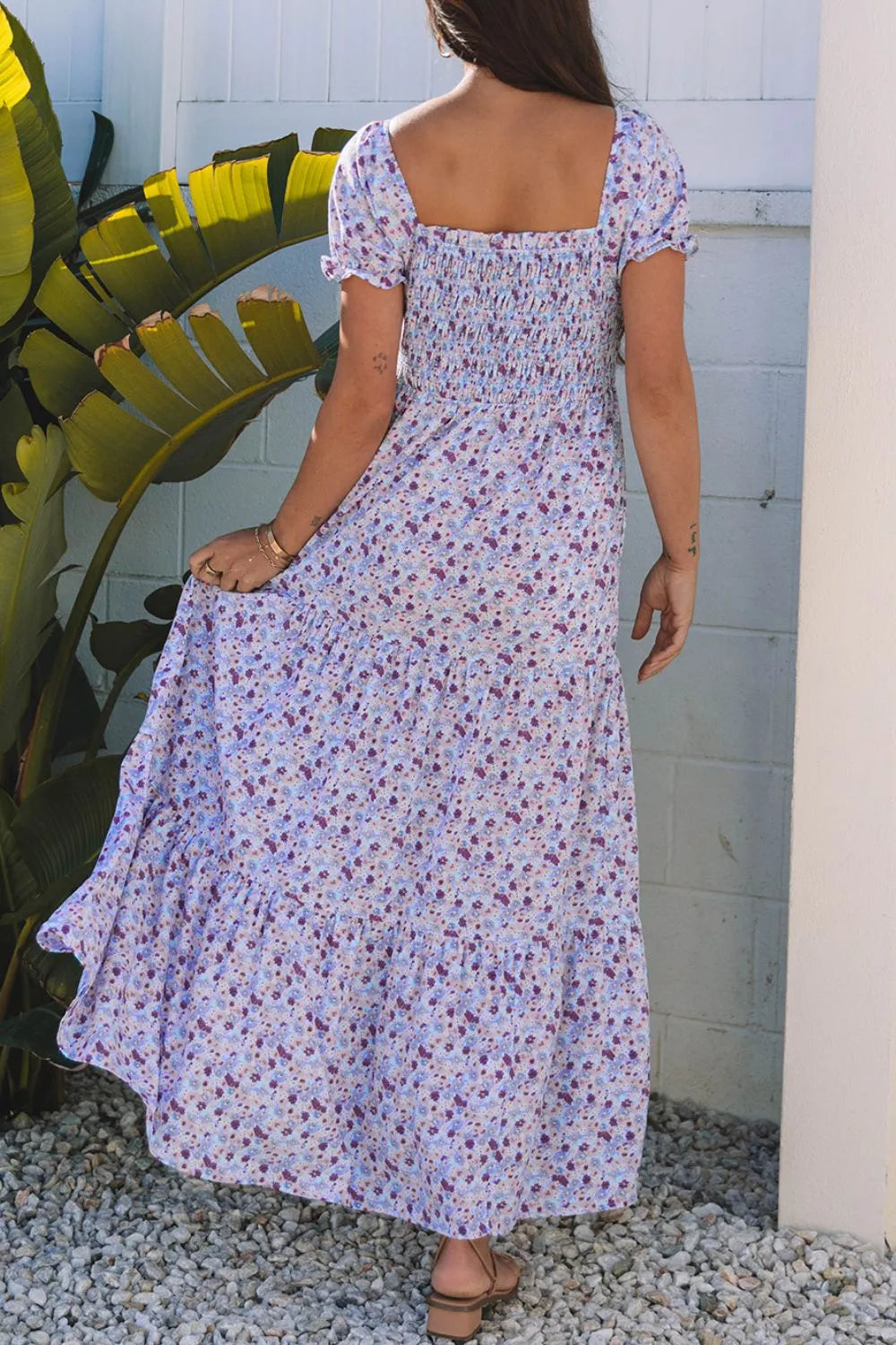 Smocked Tiered Floral Maxi Dress in Lavender