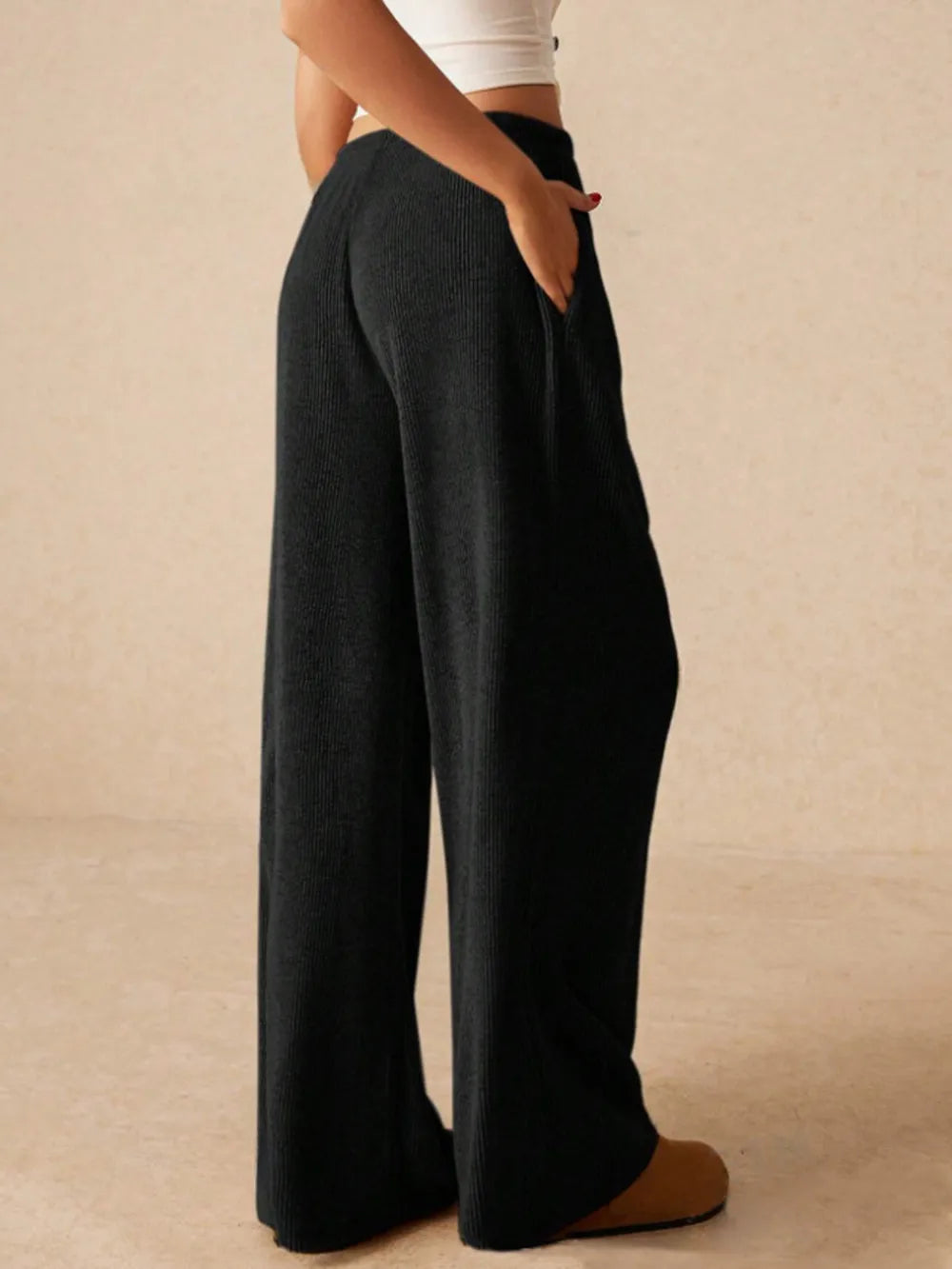 Ribbed Drawstring Wide-Leg Pants