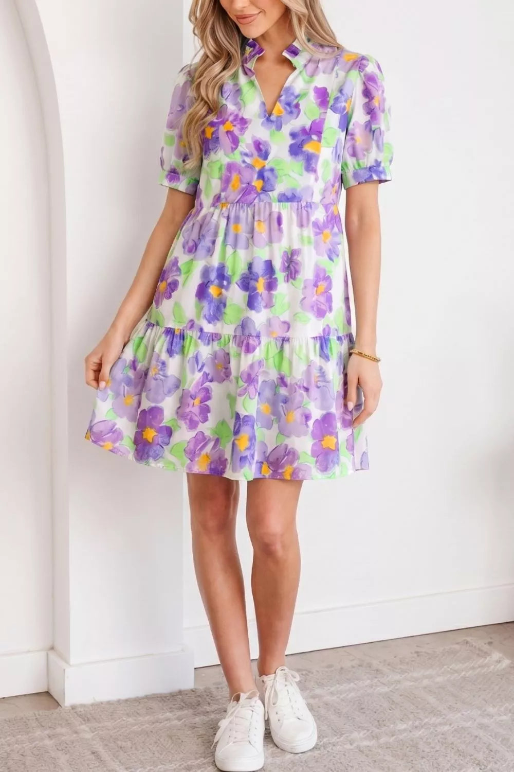 Floral Tiered Ruffle Mini Dress in Lilac
