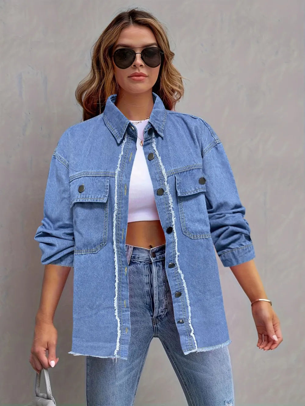 Collared Long Sleeve Denim Shirt with Chest Pocket by X@Y@K