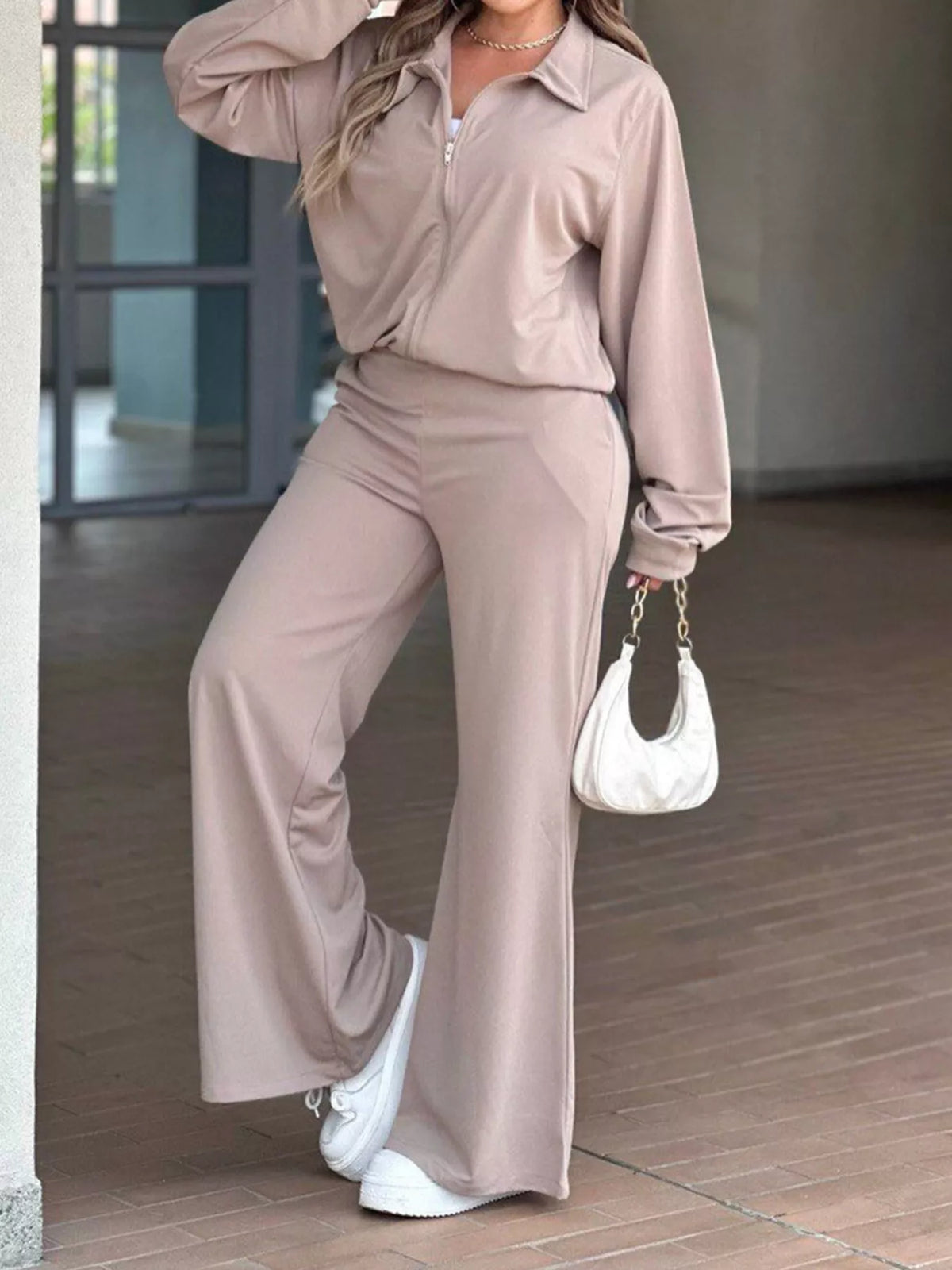 Zip-Up Jacket and Wide-Leg Pants Set in Khaki
